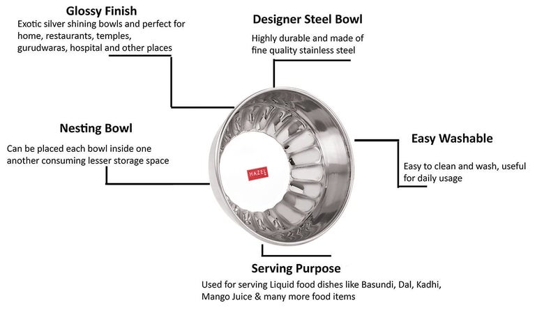 Hazel طقم أوعية هازيل من الفولاذ المقاوم للصدأ | 300 مل لكل وعاء من الفولاذ المقاوم للصدأ | أدوات المطبخ | وعاء ماسي للتقديم بتشطيب لامع، مجموعة من 6 - Image 5
