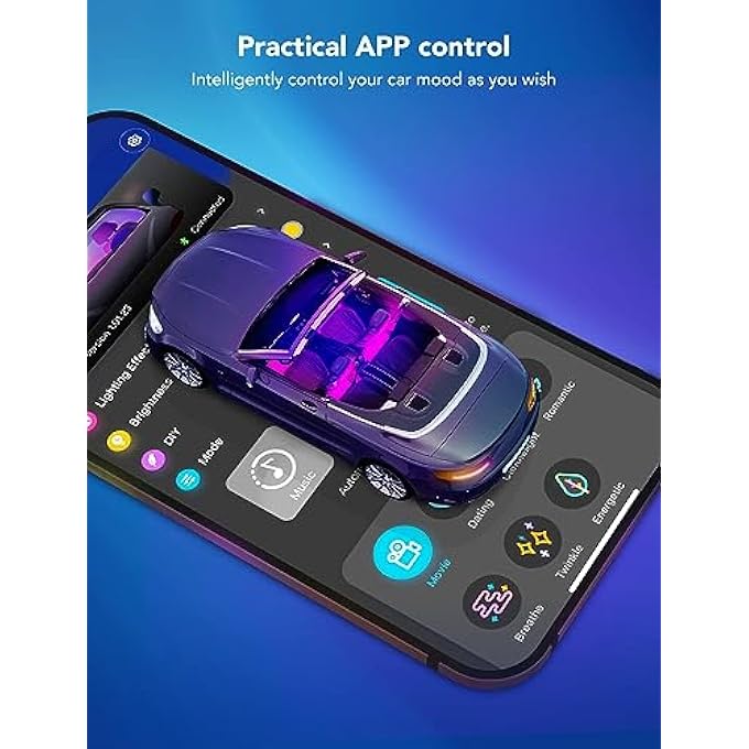 NALACAL 4 قطع شريط إضاءة ليد مقاوم للماء بتصميم خطين طقم إضاءة RGB مع تحكم بالتطبيق أسفل لوحة القيادة مع شاحن لتزيين السيارة من الداخل - Image 4