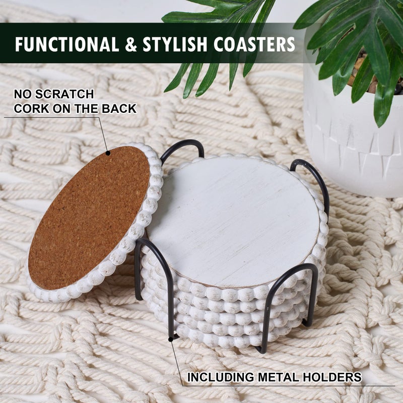 GENMOUS & CO. GENMOUS 6 Pack Farmhouse Wooden Bead Coasters with Metal Holder for Coffee Table Decor, Round Handmade Cup Coasters Set for Drinks Absorbent, Rustic Cute Coaster for Home Kitchen Table DÃ©cor - Image 2