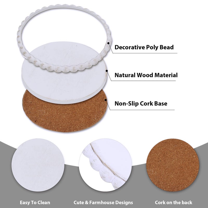 GENMOUS & CO. GENMOUS 6 Pack Farmhouse Wooden Bead Coasters with Metal Holder for Coffee Table Decor, Round Handmade Cup Coasters Set for Drinks Absorbent, Rustic Cute Coaster for Home Kitchen Table DÃ©cor - Image 4