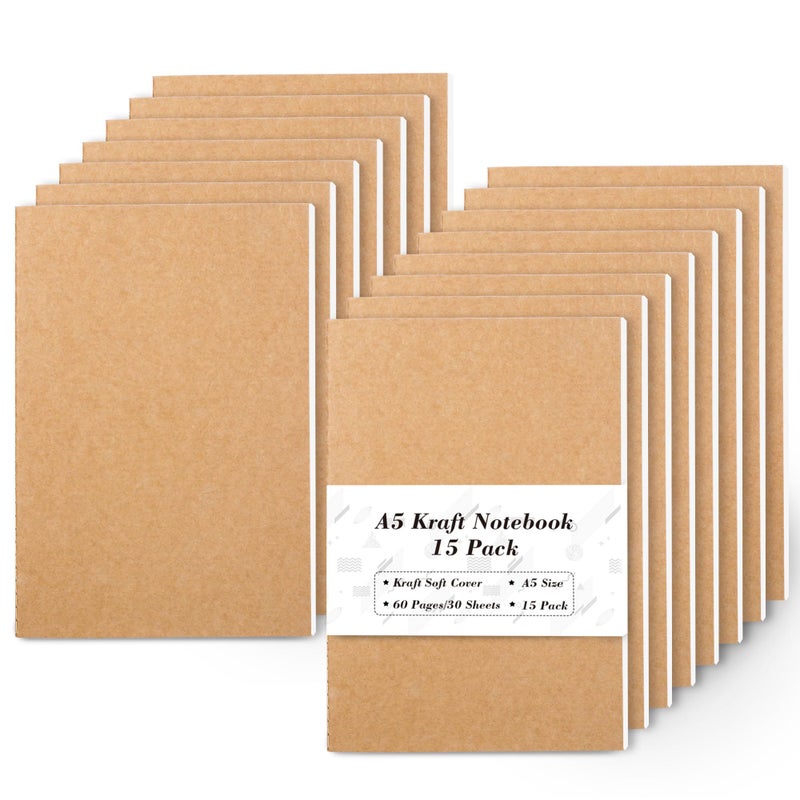 feela 15 Pack A5 Kraft Notebooks, 60 Lined Blank Pages Travel Journal Bulk, Soft Cover Notebooks for Women Girls Students, Making Plans Writing Memos Office School Supplies, 8.3 X 5.5 in - Image 1