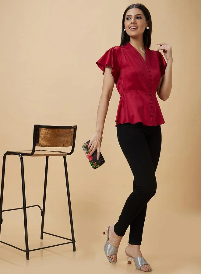 globus Satin Frill Sleeve V-Neck Top with Buttons