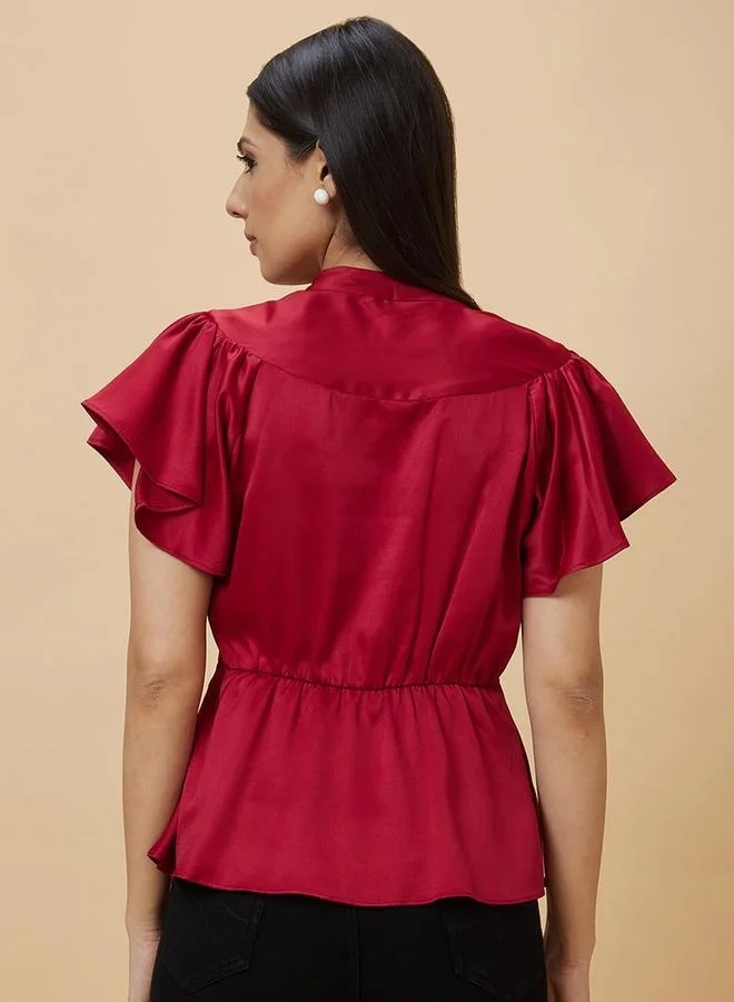 globus Satin Frill Sleeve V-Neck Top with Buttons