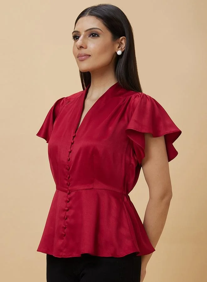 globus Satin Frill Sleeve V-Neck Top with Buttons