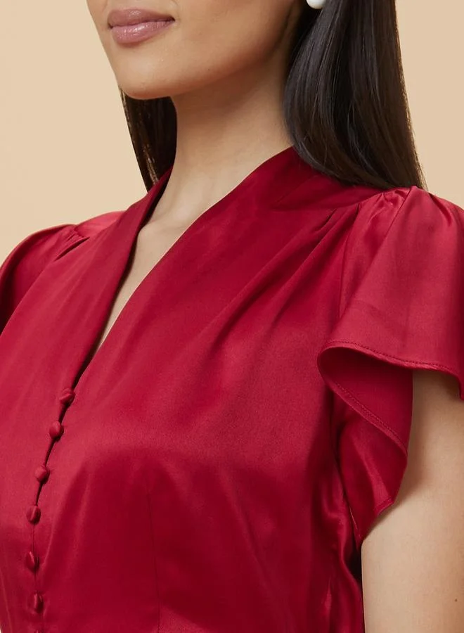 globus Satin Frill Sleeve V-Neck Top with Buttons