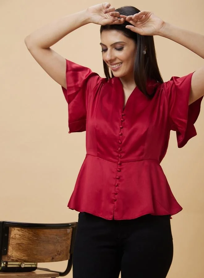 globus Satin Frill Sleeve V-Neck Top with Buttons