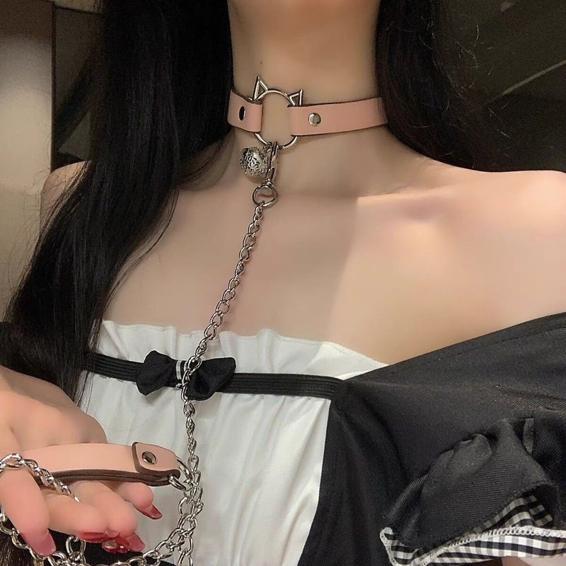 Womens Necklace with Cat Bell Choker Lockbone Chain Leather Neck Ring K9 Collar Bone Chain Fashionable Jewelry Accessories Pink cat xq+qys 