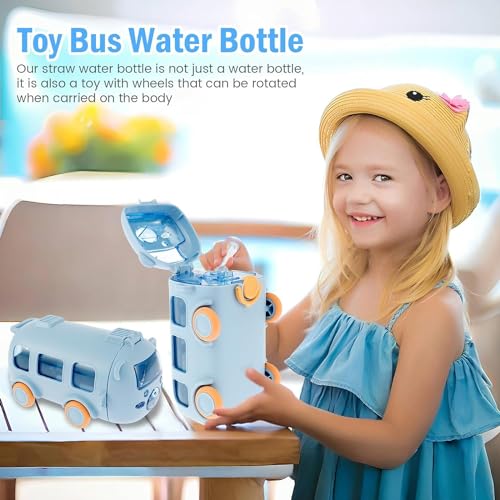 IKTU Bus Water Bottle for Kids With Strap, Sipper & Straw (500ml) | Leakproof, BPA Free With Lock | Cute Bus Shaped Tritan Bottle For Girls & Boys (Blue) - Image 2