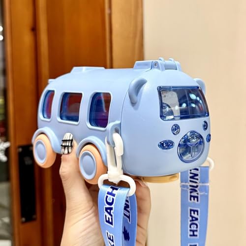 IKTU Bus Water Bottle for Kids With Strap, Sipper & Straw (500ml) | Leakproof, BPA Free With Lock | Cute Bus Shaped Tritan Bottle For Girls & Boys (Blue) - Image 1
