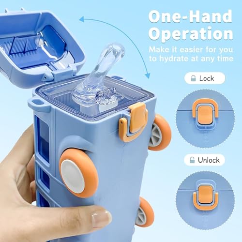 IKTU Bus Water Bottle for Kids With Strap, Sipper & Straw (500ml) | Leakproof, BPA Free With Lock | Cute Bus Shaped Tritan Bottle For Girls & Boys (Blue) - Image 3