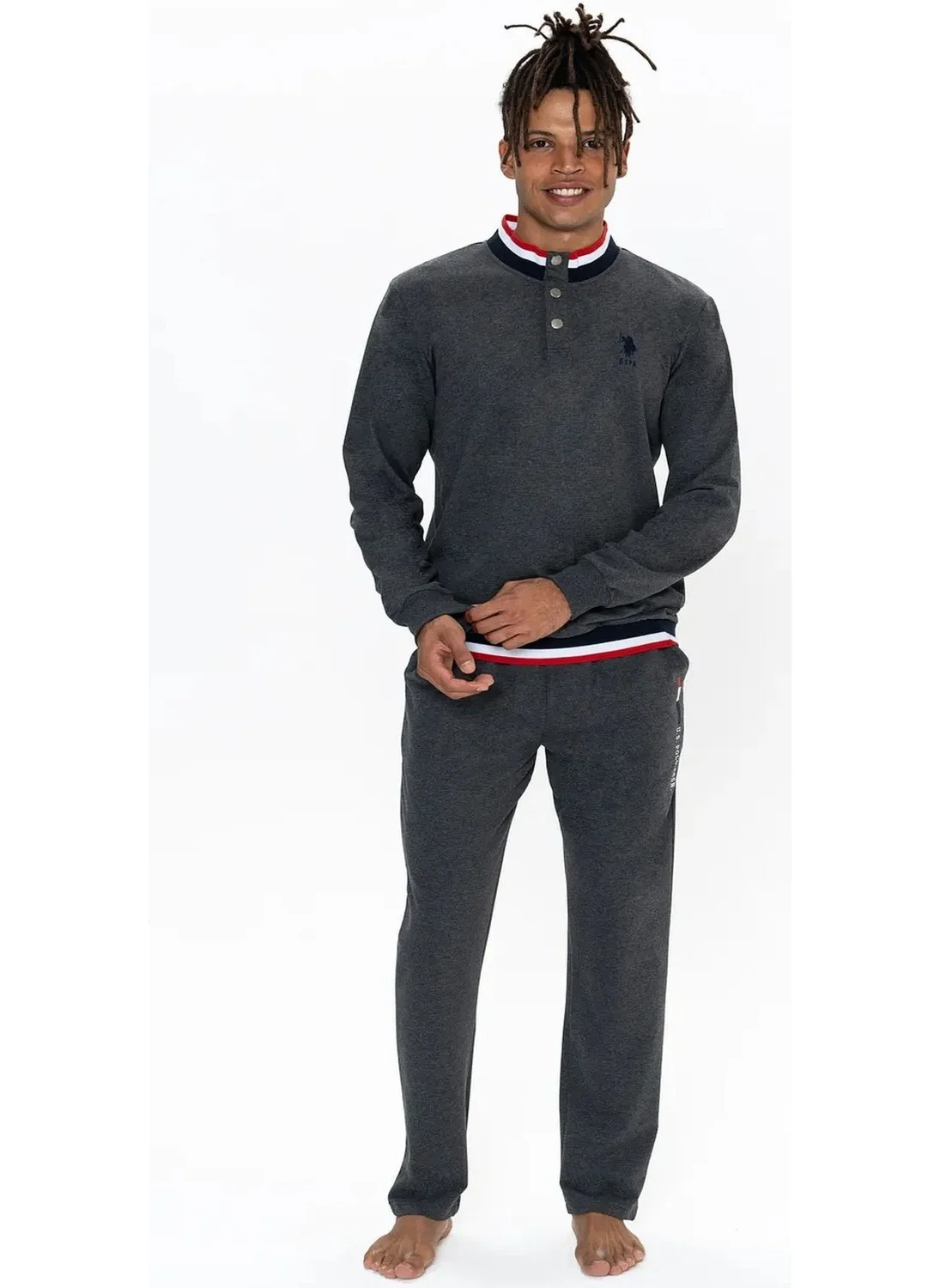 U.S. Polo Assn. 18922 Men's Long Sleeve Stand Collar Casual Home Wear-Anthracite Melange