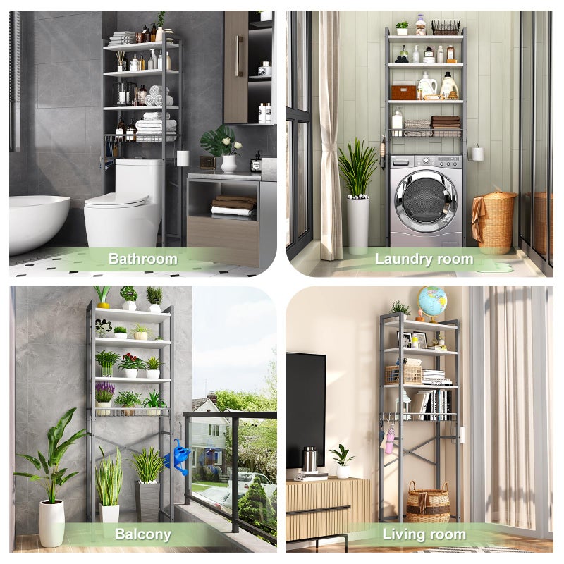 Kalrin Over-The-Toilet Storage Rack, 4-Tier Bathroom Organizer Shelf Over Toilet with Adjustable Shelf and Basket, Freestanding Space Saver Bathroom Shelves Above Toilet for Room (Gray- White) - Image 3