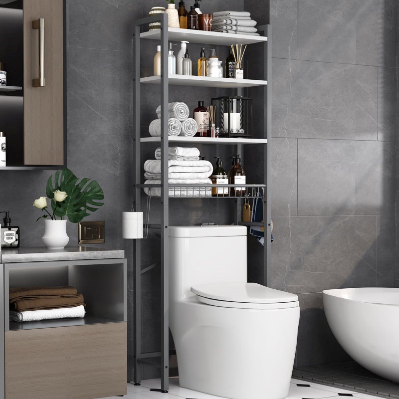 Kalrin Over-The-Toilet Storage Rack, 4-Tier Bathroom Organizer Shelf Over Toilet with Adjustable Shelf and Basket, Freestanding Space Saver Bathroom Shelves Above Toilet for Room (Gray- White) - Image 1