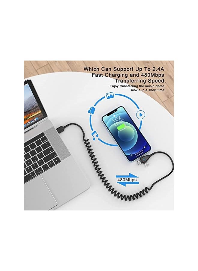 SYOSI - in 1 Coiled Lightning Cable for Car, Coil for iPhone Charger Cable, USB Cable Fast Charger for Lightning/Type-C/Micro USB for iPhone iOS Android Tablets PC - Image 1