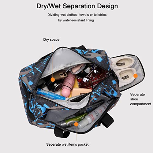 Octsky Sports Duffel Bag Gym Bag with Shoe Compartment Small Travel Overnight Bag Weekender Bag (Blue-Graffiti) - Image 2