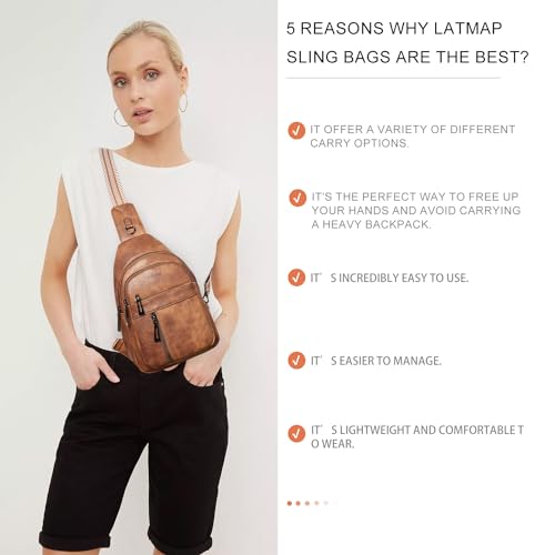 LATMAP 7L Sling Bag For Women Men Backpack Fanny Pack Crossbody Chest Travel Shoulder Belt Bags Purse Handbag PU Leather Brown - Image 2