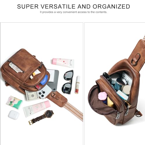 LATMAP 7L Sling Bag For Women Men Backpack Fanny Pack Crossbody Chest Travel Shoulder Belt Bags Purse Handbag PU Leather Brown - Image 4