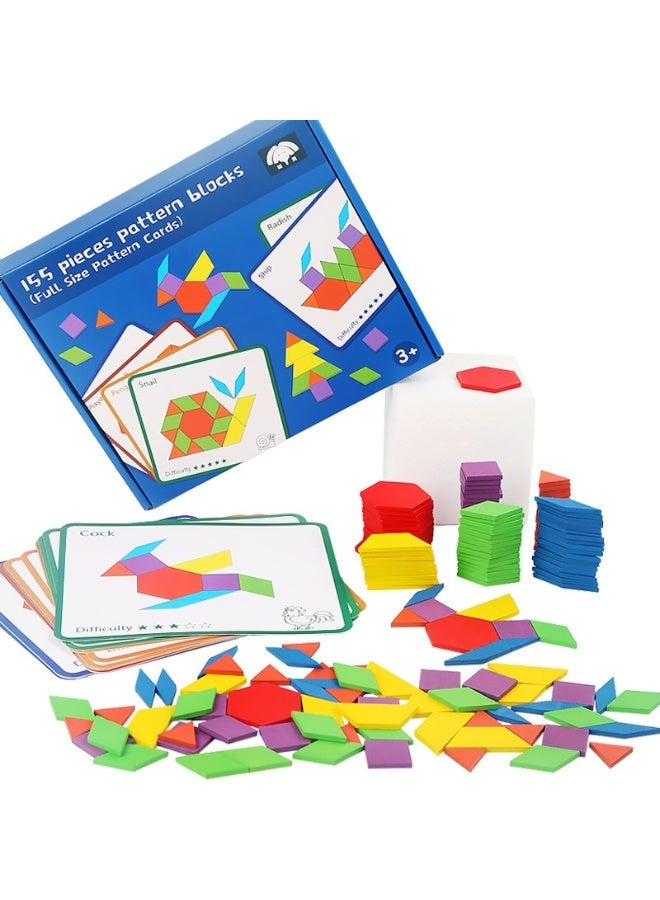 Capstro Geometry Puzzle with 12 Double-Sided Pattern Cards & Storage Bag | STEM Shape Learning & Spatial Thinking Toy – 155 Pieces Pattern Blocks - Image 1