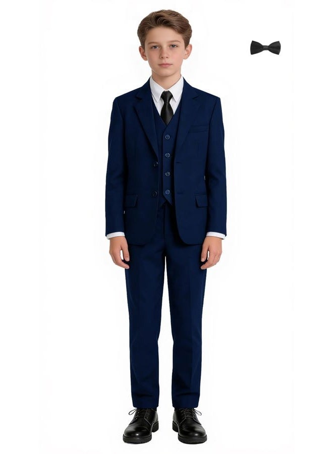 YuanLu Boy's Tuxedos Toddler Formal Suits Set Kids Blue Black Slim Fit Suit for Weddings, Blue, 5 Years - Image 1