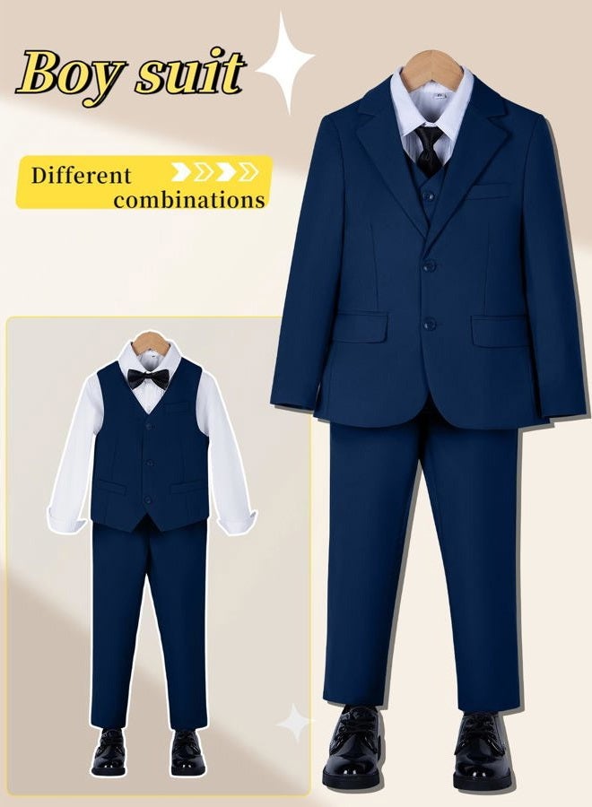YuanLu Boy's Tuxedos Toddler Formal Suits Set Kids Blue Black Slim Fit Suit for Weddings, Blue, 5 Years - Image 3