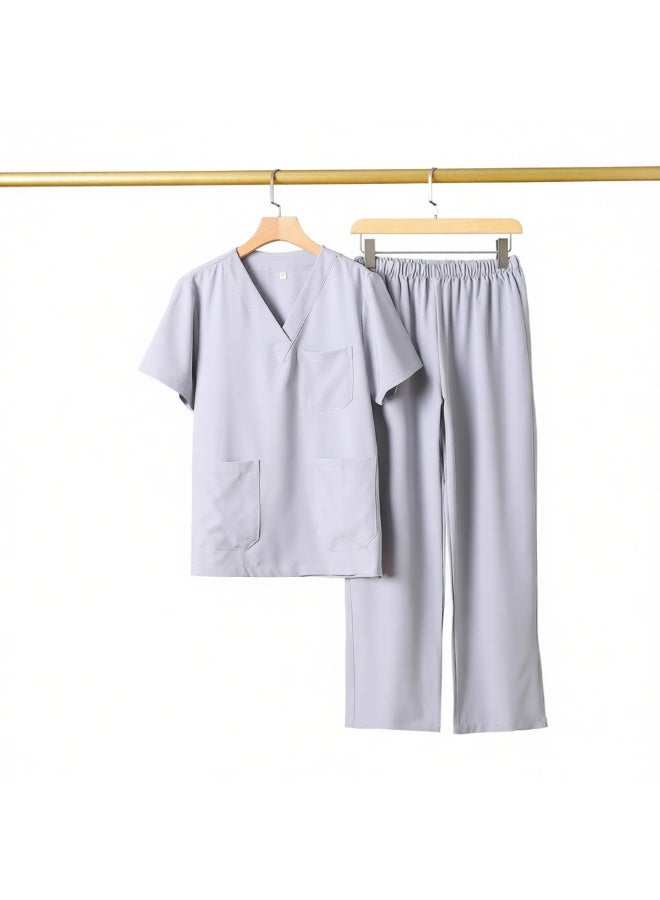 Womens V-Neck Scrubs Set Short Sleeves Top & Pants Soft Fabric Medical Nursing Uniform Light Grey