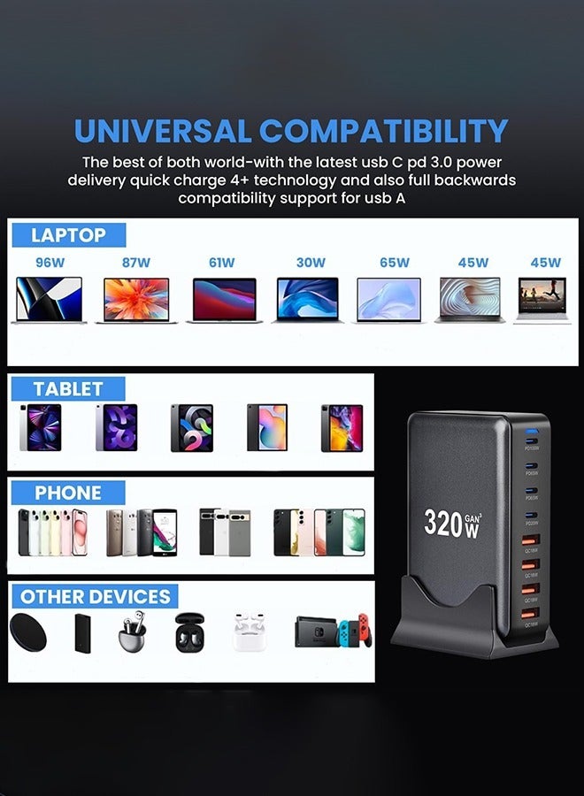 320W GaN Charger USB C Fast Desktop 8-port USB Type C PD Charger Fast Charge 3.0 USB Type C Fast Charger for iPhone15 14 Samsung - Image 5