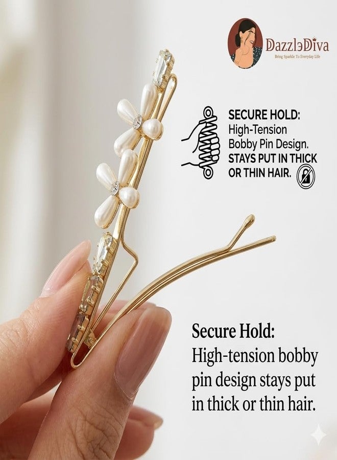 DazzleDiva 2Pcs Pearl Flower Hair Side Pins - Elegant Rhinestone Floral Bobby Pins for Women Girls - Gold Bridal Wedding Hair Accessories - Y2K Clean Girl Aesthetic Decorative Crystal Slides for Braids & Fine Hair 2 Pcs - Image 3