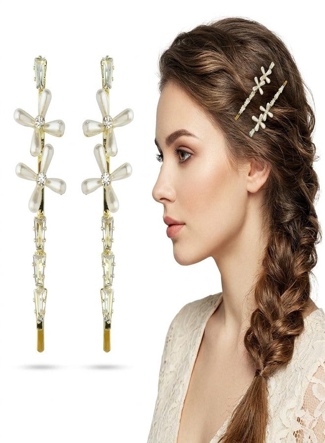 DazzleDiva 2Pcs Pearl Flower Hair Side Pins - Elegant Rhinestone Floral Bobby Pins for Women Girls - Gold Bridal Wedding Hair Accessories - Y2K Clean Girl Aesthetic Decorative Crystal Slides for Braids & Fine Hair 2 Pcs - Image 1