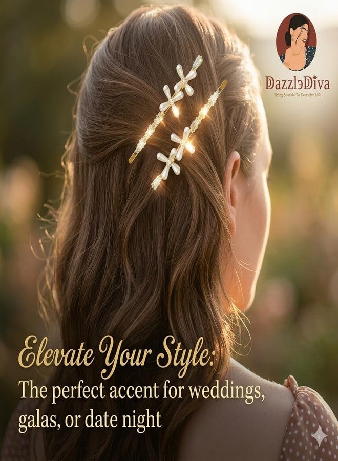 DazzleDiva 2Pcs Pearl Flower Hair Side Pins - Elegant Rhinestone Floral Bobby Pins for Women Girls - Gold Bridal Wedding Hair Accessories - Y2K Clean Girl Aesthetic Decorative Crystal Slides for Braids & Fine Hair 2 Pcs - Image 5