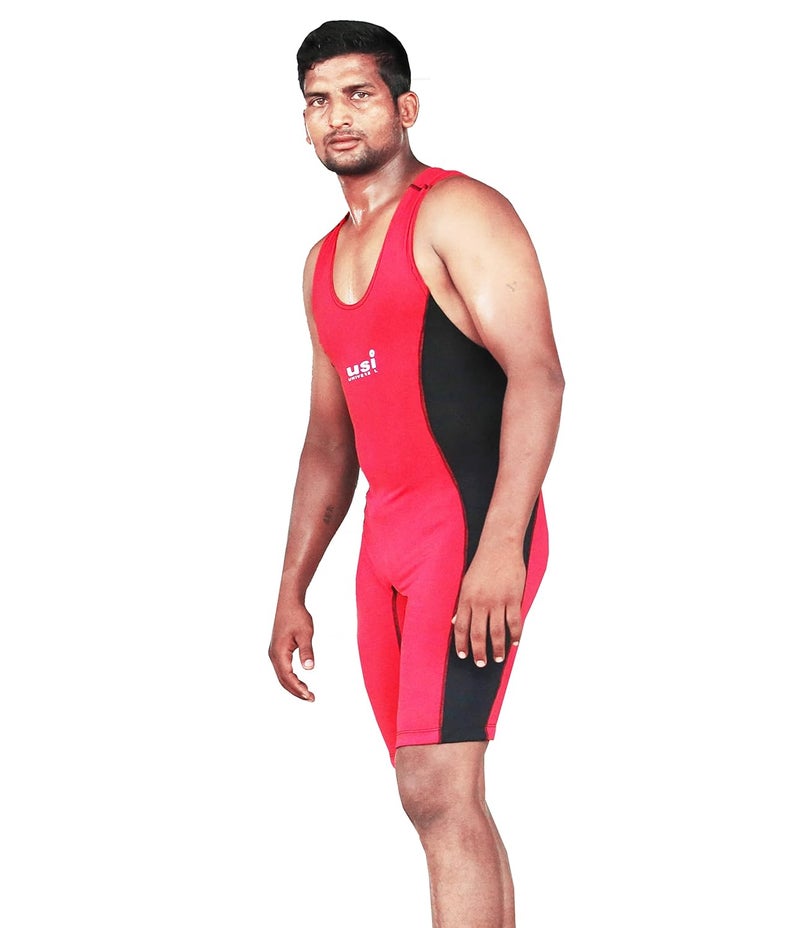 USI UNIVERSAL بدلة مصارعة 419WSM للرجال والنساء، سترة مصارعة من قماش نايلون إيلاستين 210 GSM، مطاط مثبت في فتحة القاع (أحمر، مقاس XXL) - Image 1