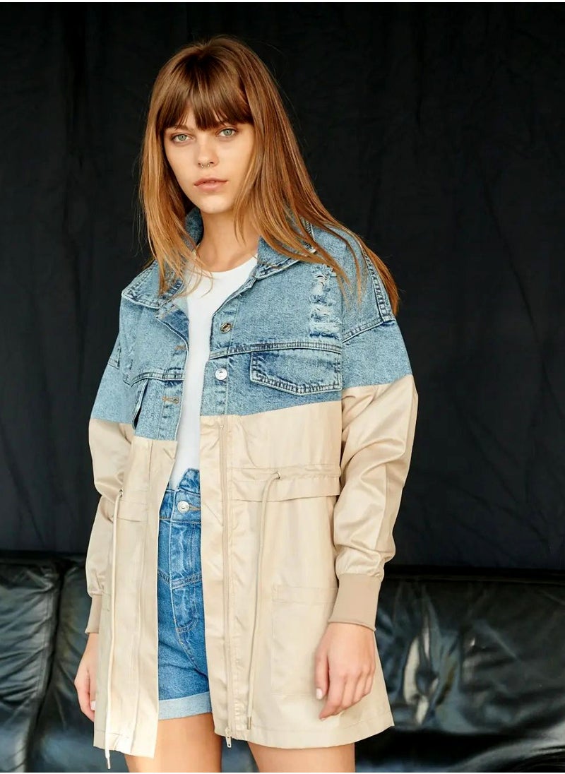 LEVURE Women's Fashion Denim Coat Classic Stand Collar Long Sleeve Jacket 
