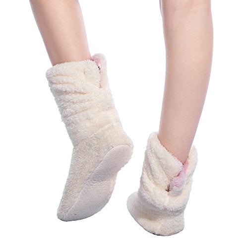 FRALOSHA Women's Slipper Sock Coral velvet indoor Spring-autumn Super Soft Warm Cozy Fuzzy lined booties slippers (27cm) White - Image 4