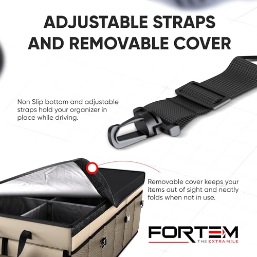 FORTEM منظم صندوق السيارة FORTEM، منظم SUV متعدد الأقسام قابل للطي، تخزين قابل للطي لملحقات السيارة للنساء والرجال، قماش أكسفورد 600D، قاعدة غير قابلة للانزلاق، أحزمة تأمين، غطاء ناعم (85 لتر) - Image 5