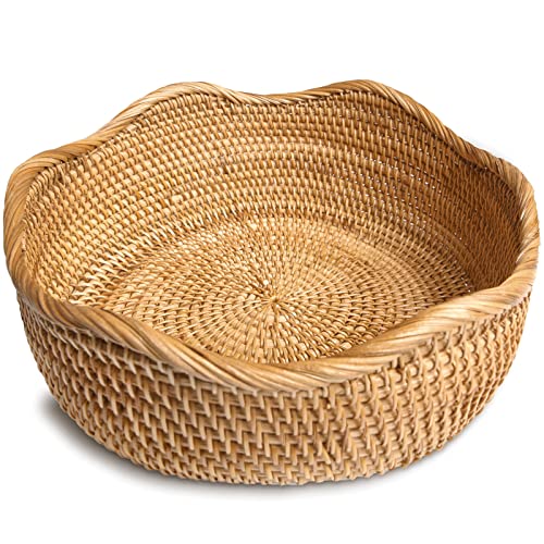 HITOMEN Handmade Rattan Bread Baskets Round Wicker Fruit Serving Storage Bowls, Natural Woven Decorative Kitchen Counter Organizing (Honey Brown) M-10.2" - Image 1