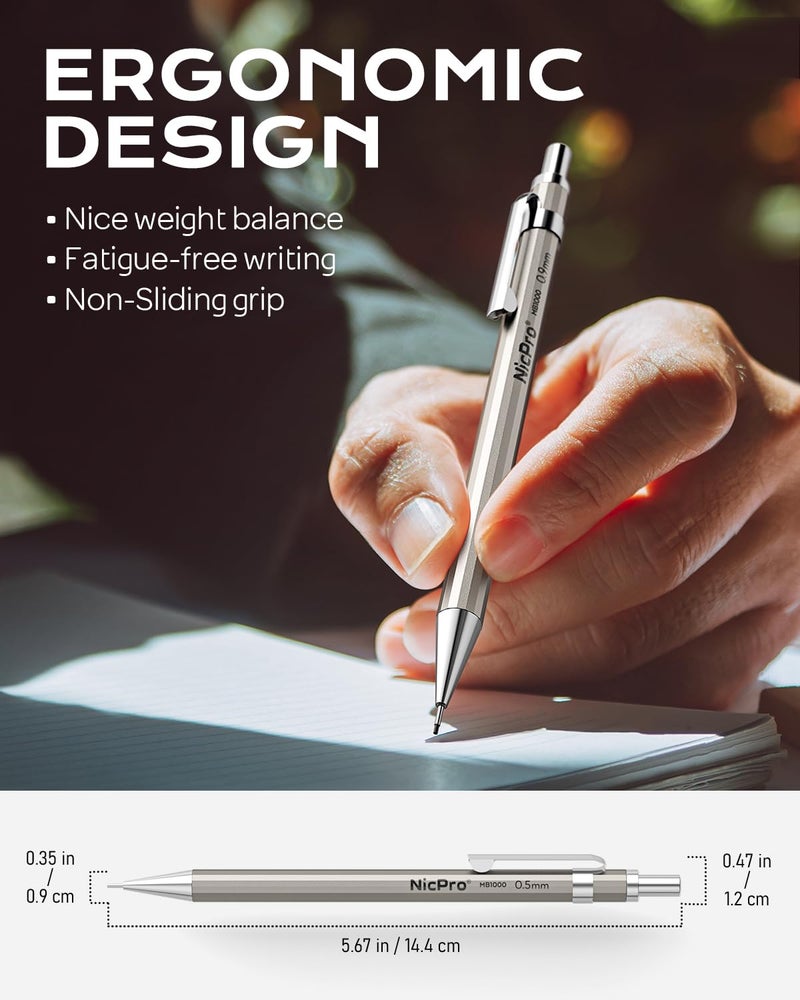 Nicpro 4 Pack Metal Mechanical Pencil Set 0.9mm, MB1000 Lead Drafting Pencil 0.9 mm with 6 Tube HB #2 Lead Refill, 3PCS 4B Eraser, 9 Cap Eraser for Artist Writing, Sketching, Drawing- Come with Case - Image 4