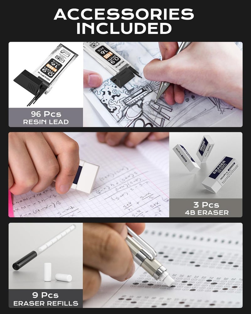 Nicpro 4 Pack Metal Mechanical Pencil Set 0.9mm, MB1000 Lead Drafting Pencil 0.9 mm with 6 Tube HB #2 Lead Refill, 3PCS 4B Eraser, 9 Cap Eraser for Artist Writing, Sketching, Drawing- Come with Case - Image 5