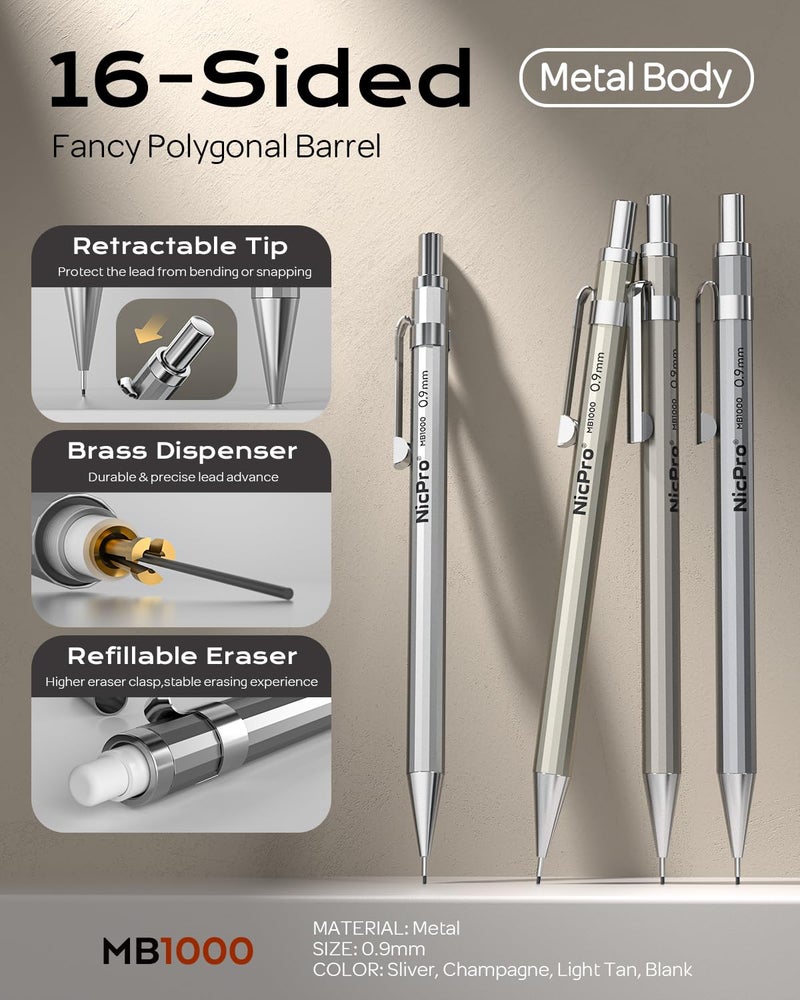 Nicpro 4 Pack Metal Mechanical Pencil Set 0.9mm, MB1000 Lead Drafting Pencil 0.9 mm with 6 Tube HB #2 Lead Refill, 3PCS 4B Eraser, 9 Cap Eraser for Artist Writing, Sketching, Drawing- Come with Case - Image 2