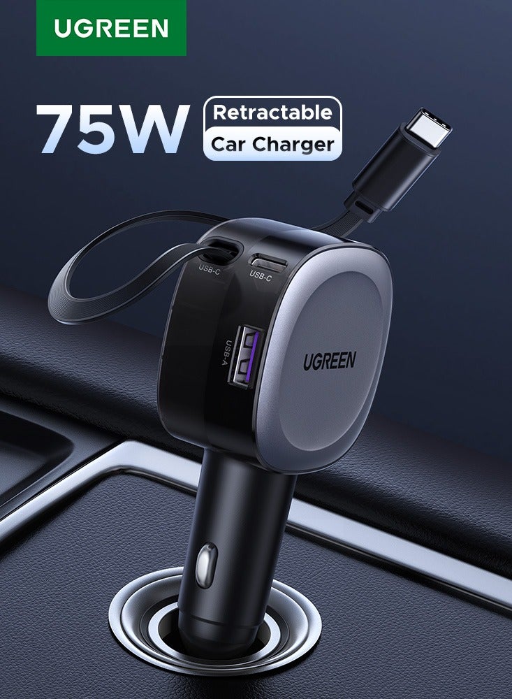 Ugreen 75W Car Charger Adapter USB Type C With 0.75M Retractable Cable With 2C1A Ports Tangle-Free Fast Charging, Fireproof PC Material Compatible With Macbook Pro Air, iPad, iPhone, Galaxy,Xiaomi - Image 1