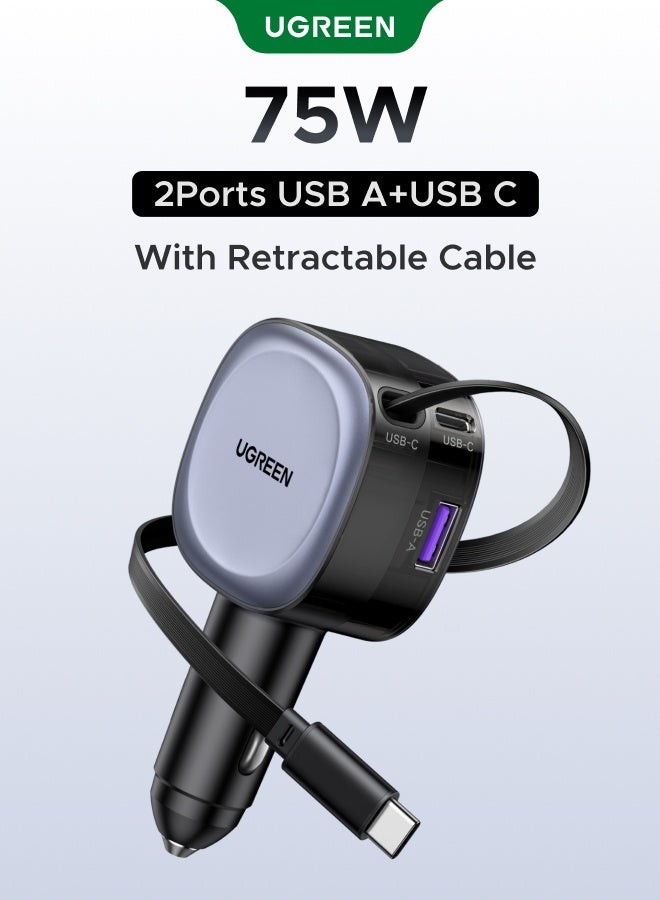 75W Car Charger Adapter USB Type C With 0.75M Retractable Cable With 2C1A Ports Tangle-Free Fast Charging, Fireproof PC Material Compatible With Macbook Pro Air, iPad, iPhone, Galaxy,Xiaomi