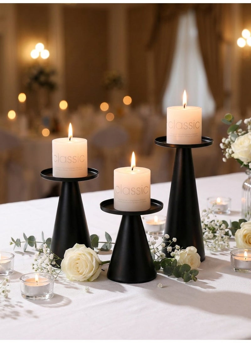 مجموعة من 3 حاملات شموع معدنية أنيقة/حاملات شمعدان، قاعدة حامل شموع سوداء، ديكور سطح مكتب معدني فاخر على الطراز النوردي الرومانسي، ديكور منزلي، زينة سطح المكتب، مناسبة لتزيين عشاء على ضوء الشموع، ديكور زفاف - Image 1