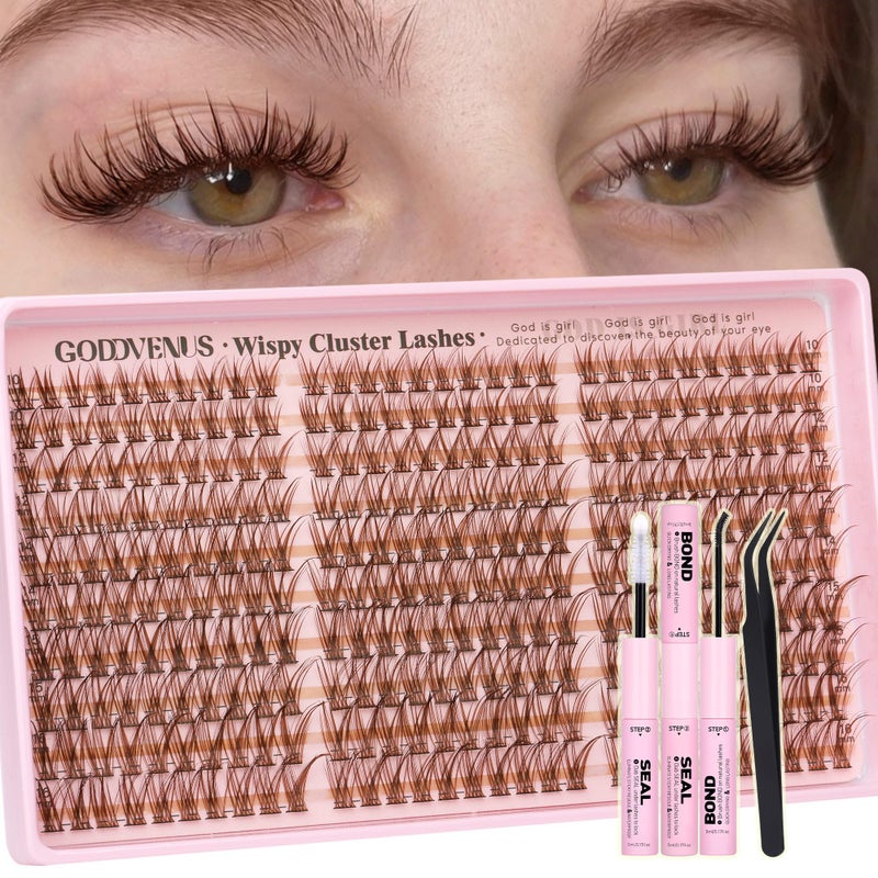 Goddvenus Brown Lash Clusters Kit Natural 300Pcs Wispy Lashes Cluster Eyelash Cluster Extensions Kit C Curve Individual Lashes Extensions Kit For DIY Waterproof & Long - Lasting (Light Brown10-16mm) - Image 1