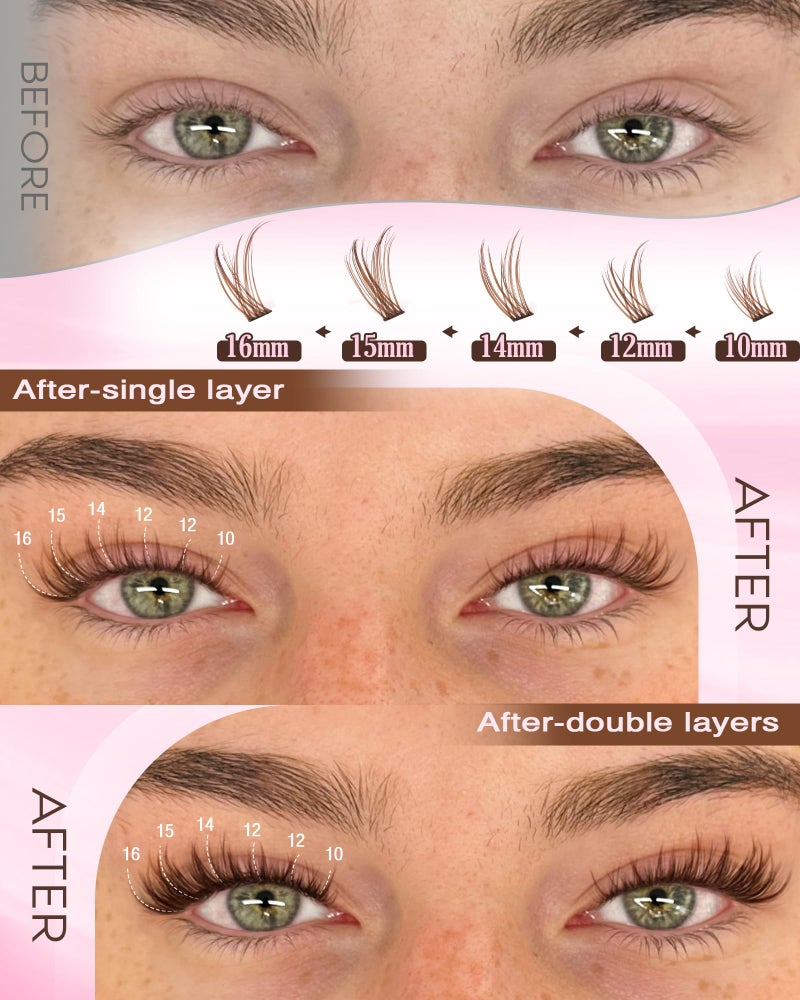 Goddvenus Brown Lash Clusters Kit Natural 300Pcs Wispy Lashes Cluster Eyelash Cluster Extensions Kit C Curve Individual Lashes Extensions Kit For DIY Waterproof & Long - Lasting (Light Brown10-16mm) - Image 5