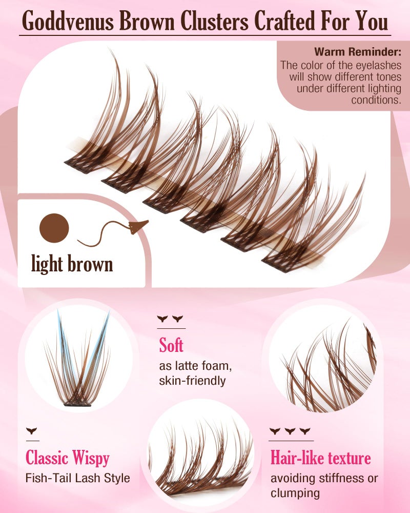 Goddvenus Brown Lash Clusters Kit Natural 300Pcs Wispy Lashes Cluster Eyelash Cluster Extensions Kit C Curve Individual Lashes Extensions Kit For DIY Waterproof & Long - Lasting (Light Brown10-16mm) - Image 4