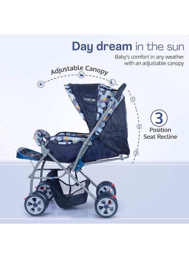 LuvLap Starshine Baby Stroller/Pram for 0 to 3 Years, New Born/Toddler/Kid, Lightweight,Adjustable backrest, 360° Swivel Wheel, Large Storage Basket, Reversible Handlebar (Blue) - Image 3
