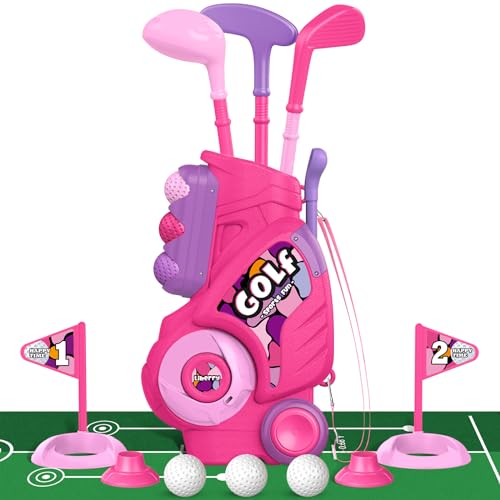 Liberry Toddler Golf Set with Putting Mat for 2 3 4 Years Old Boys Girls Upgraded Kids Golf Cart with Unique Shoulder Strap Design Indoor and Outdoor Golf Toys Gifts Pink - Image 1