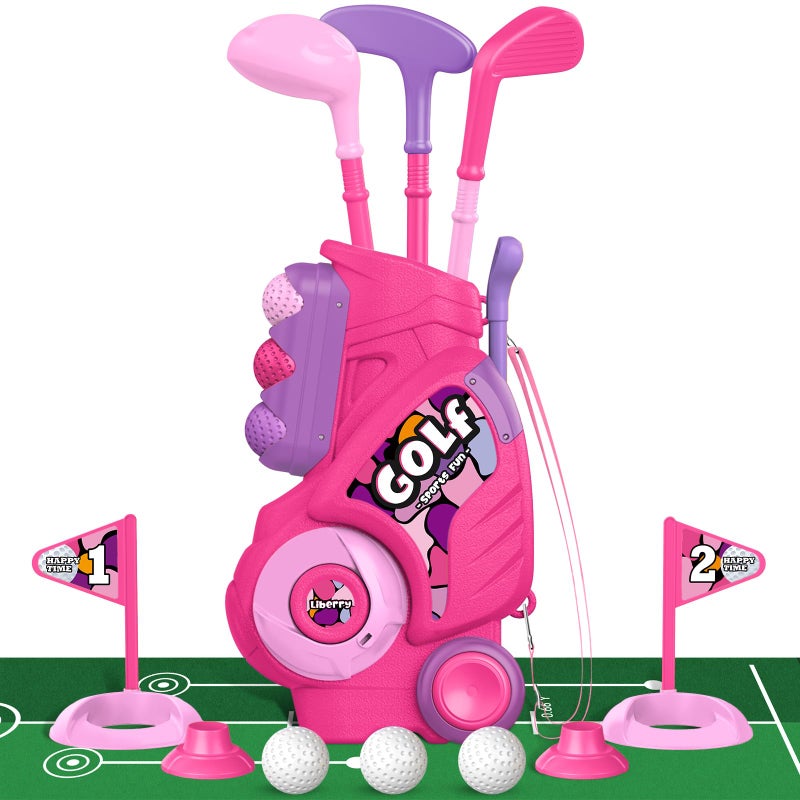 Liberry Toddler Golf Set with Putting Mat for 2 3 4 Years Old Boys Girls Upgraded Kids Golf Cart with Unique Shoulder Strap Design Indoor and Outdoor Golf Toys Gifts Pink - Image 2