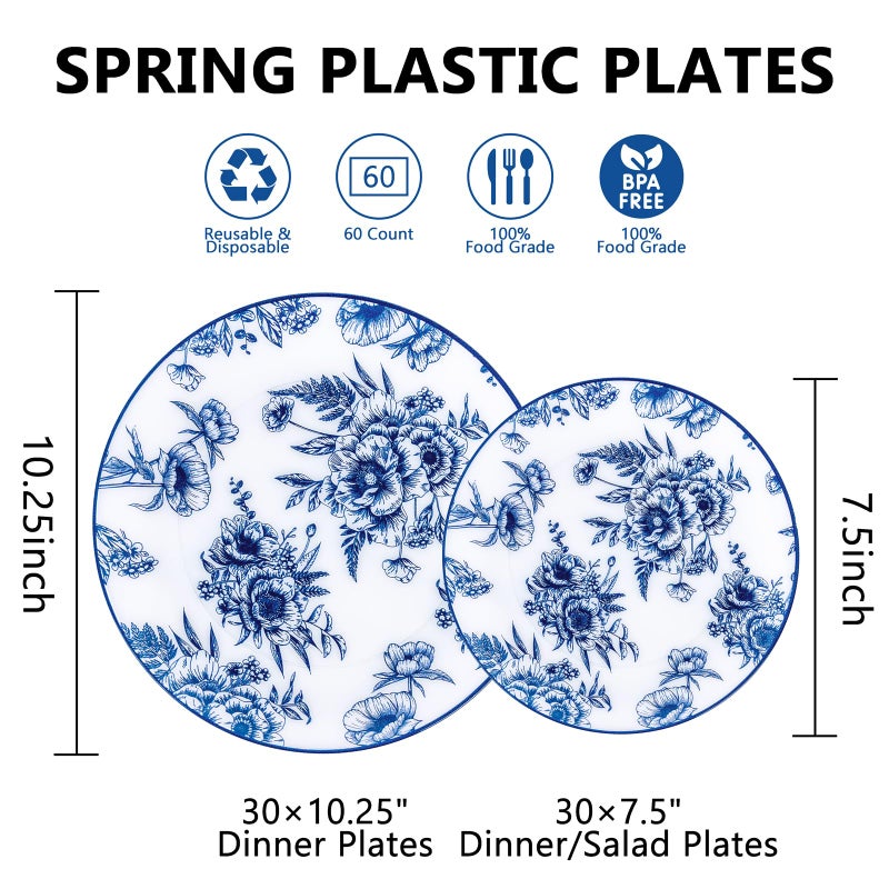 Joyido 60PCS Blue Floral Plates Disposable - Blue Plastic Plates - Blue and White Plate Include 30 Dinner & 30 Dessert Plates for Bridal Birthday Wedding Spring Party Decorative - Image 2
