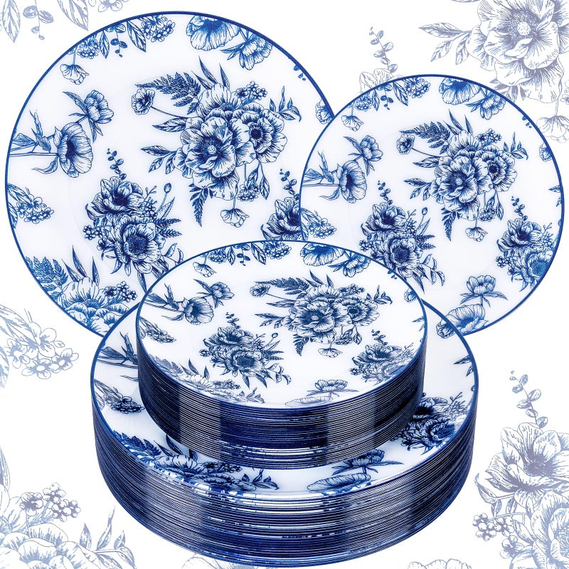 Joyido 60PCS Blue Floral Plates Disposable - Blue Plastic Plates - Blue and White Plate Include 30 Dinner & 30 Dessert Plates for Bridal Birthday Wedding Spring Party Decorative - Image 1