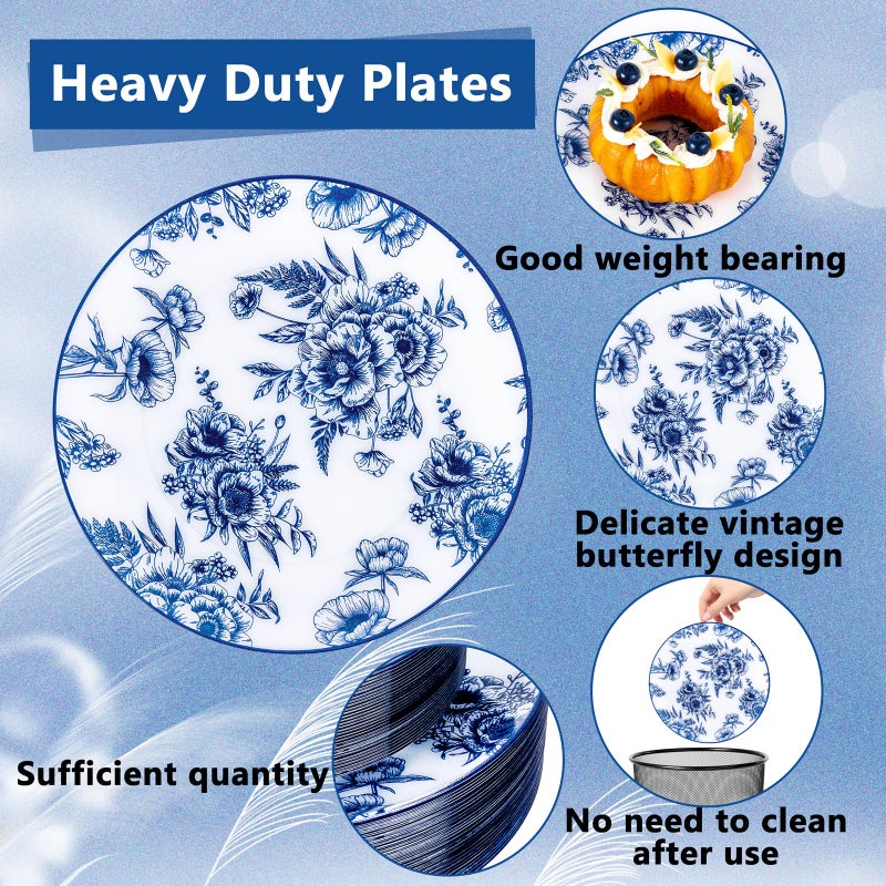 Joyido 60PCS Blue Floral Plates Disposable - Blue Plastic Plates - Blue and White Plate Include 30 Dinner & 30 Dessert Plates for Bridal Birthday Wedding Spring Party Decorative - Image 3