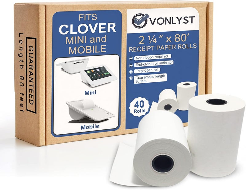 Vonlyst Receipt Paper for Clover Mini and Clover Mobile Thermal Printer 2 1/4 x 80 (40 rolls) - Image 1